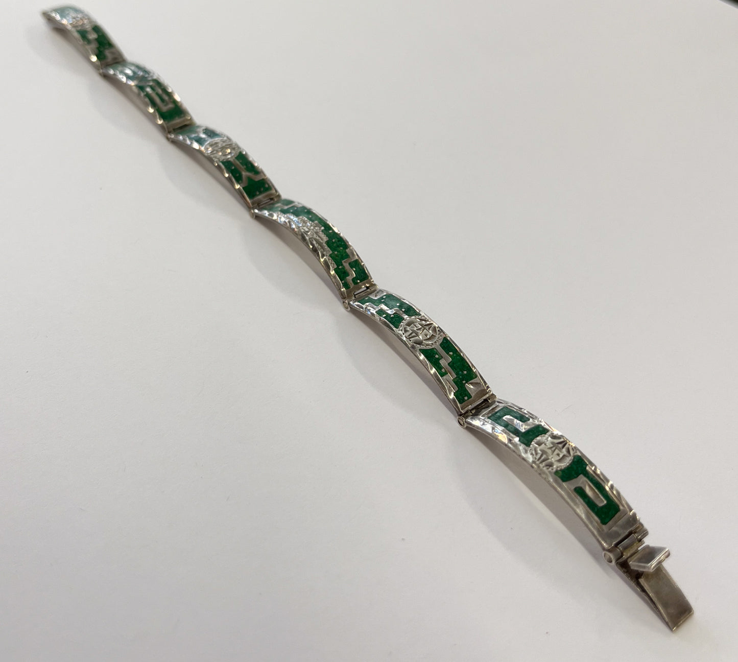 1980s Vintage Crushed Malchite Sterling Silver Mayan Mexico Panel Link Inlay Bracelet