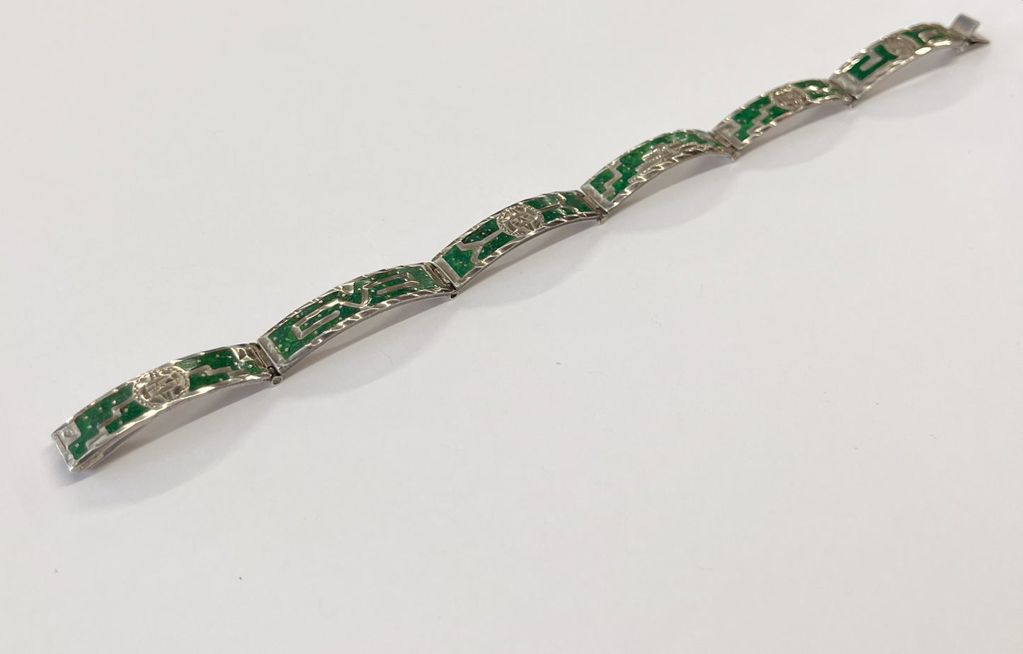 1980s Vintage Crushed Malchite Sterling Silver Mayan Mexico Panel Link Inlay Bracelet