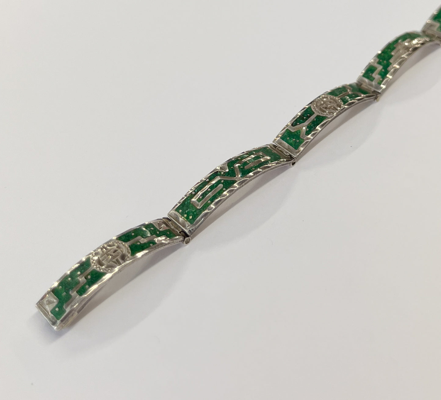 1980s Vintage Crushed Malchite Sterling Silver Mayan Mexico Panel Link Inlay Bracelet