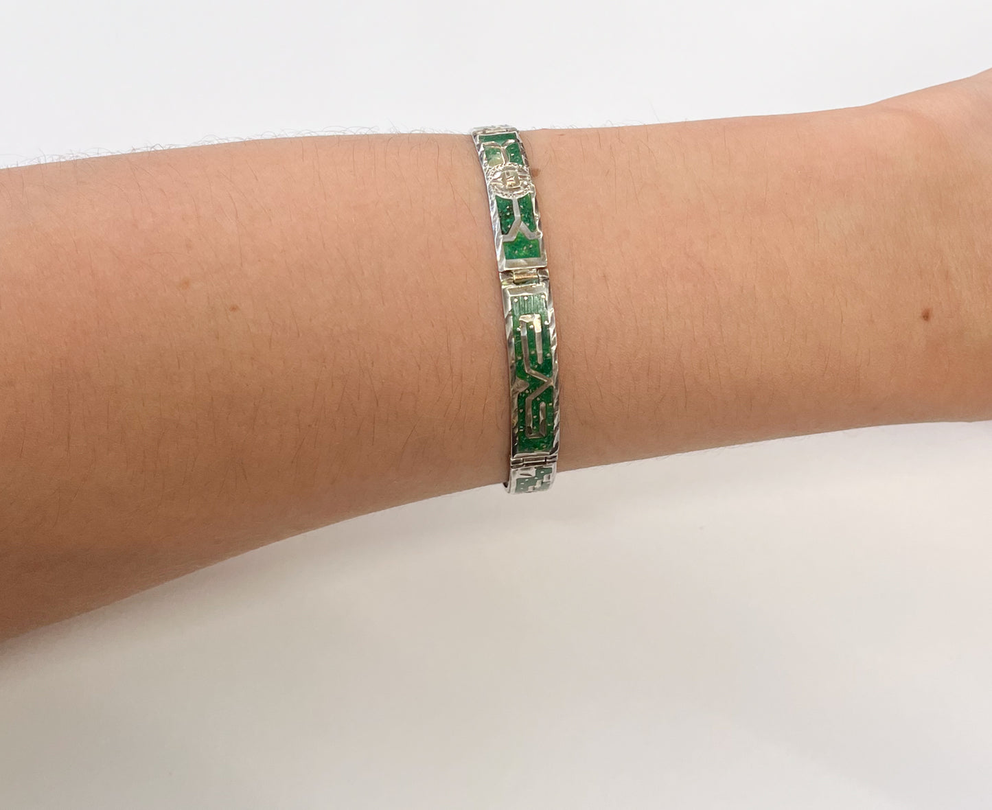 1980s Vintage Crushed Malchite Sterling Silver Mayan Mexico Panel Link Inlay Bracelet