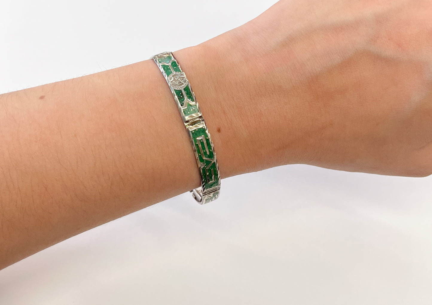 1980s Vintage Crushed Malchite Sterling Silver Mayan Mexico Panel Link Inlay Bracelet