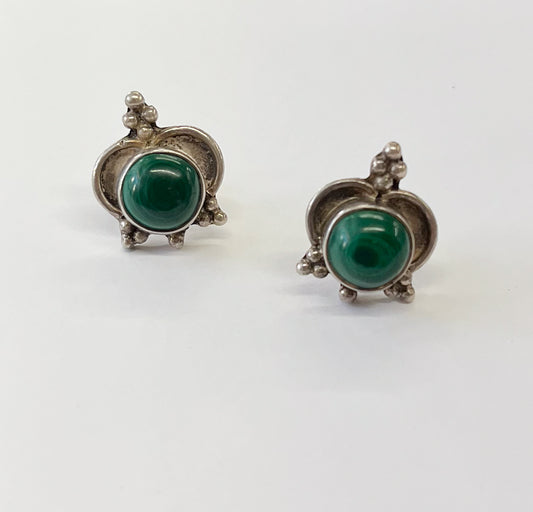 1970s Vintage Sterling Silver and Malachite Post Earrings