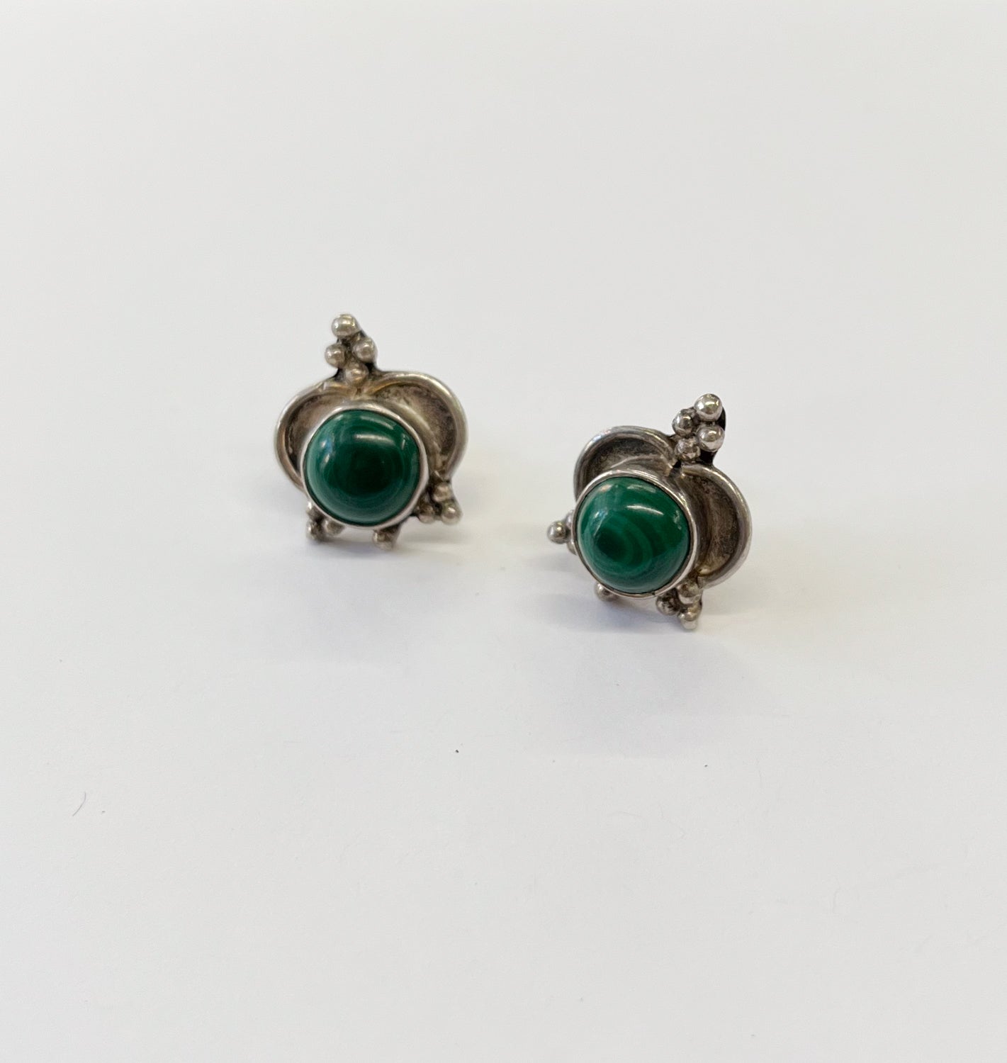 1970s Vintage Sterling Silver and Malachite Post Earrings