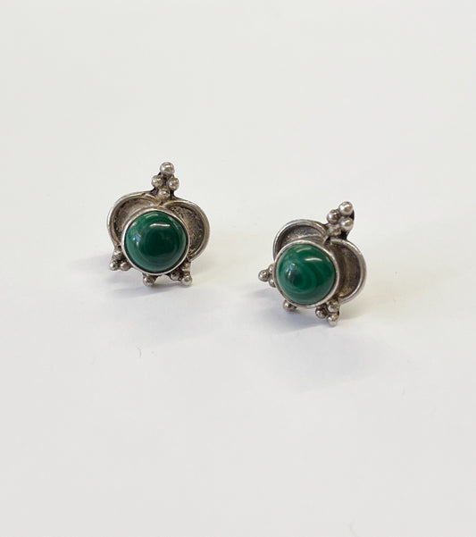 1970s Vintage Sterling Silver and Malachite Post Earrings