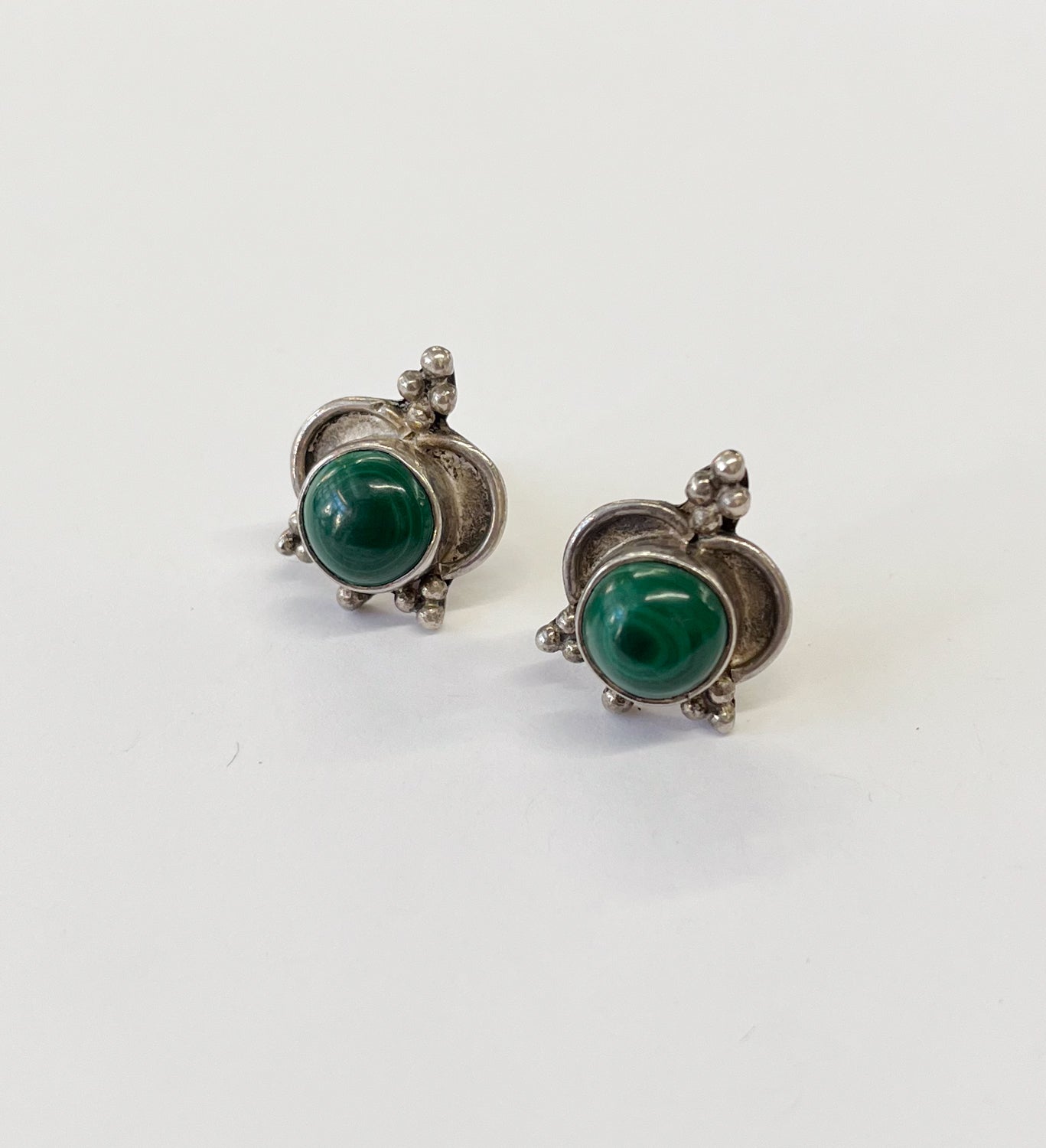 1970s Vintage Sterling Silver and Malachite Post Earrings