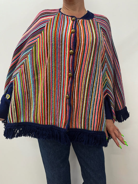 1970s Vintage Multicolored Striped Fringe Poncho Cape