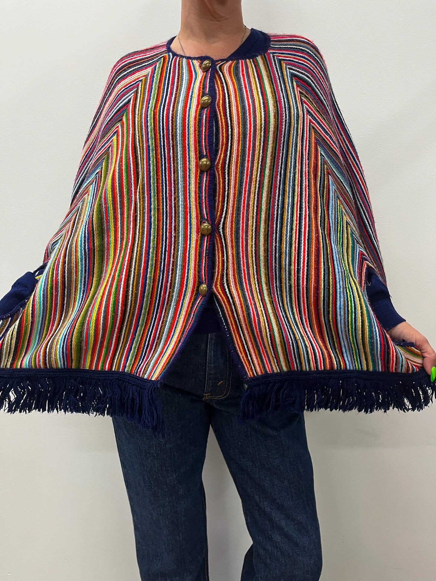 1970s Vintage Multicolored Striped Fringe Poncho Cape