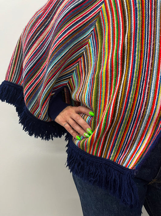 1970s Vintage Multicolored Striped Fringe Poncho Cape