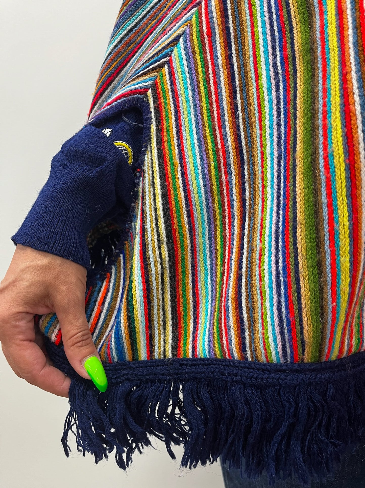 1970s Vintage Multicolored Striped Fringe Poncho Cape