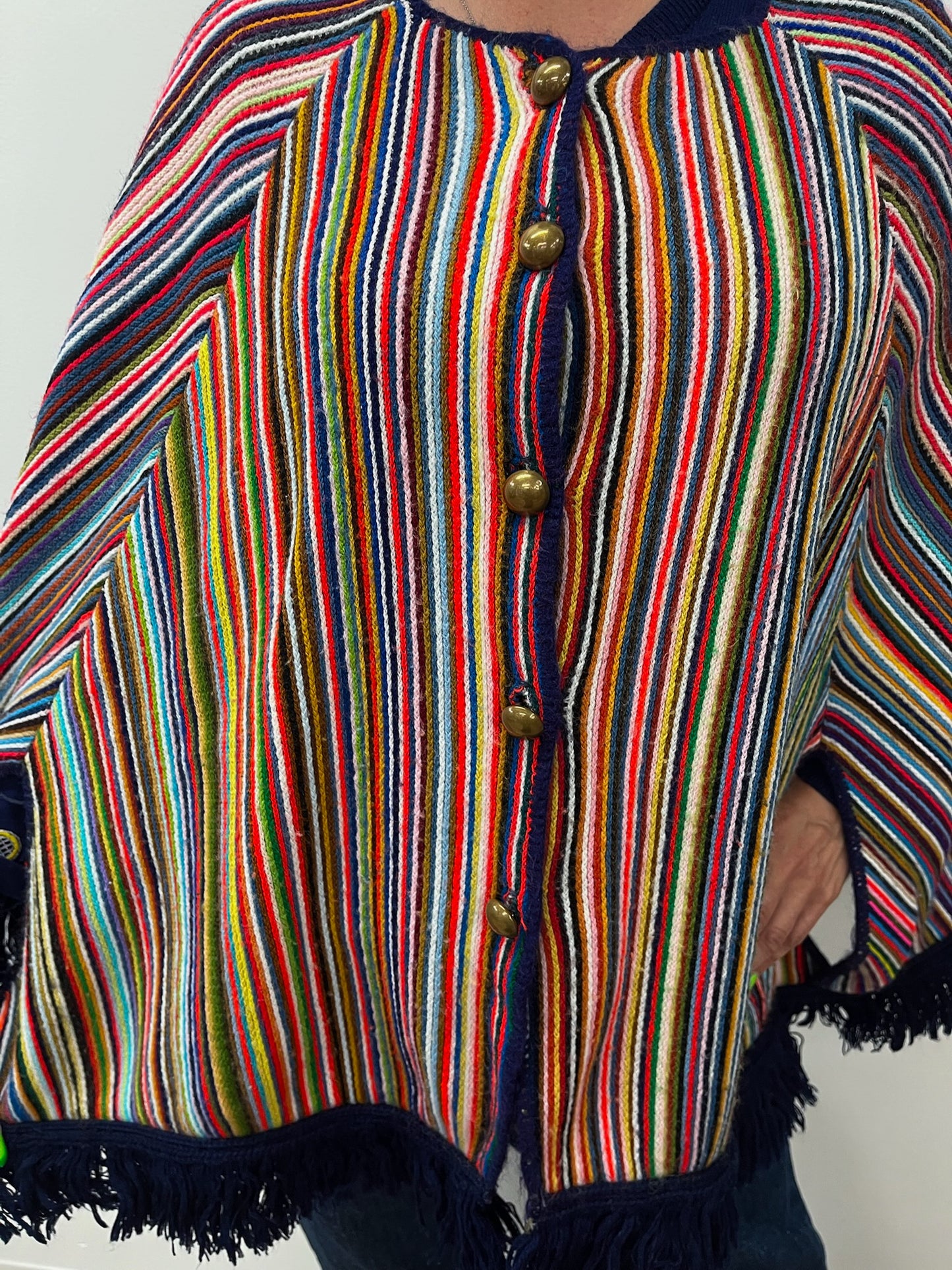 1970s Vintage Multicolored Striped Fringe Poncho Cape