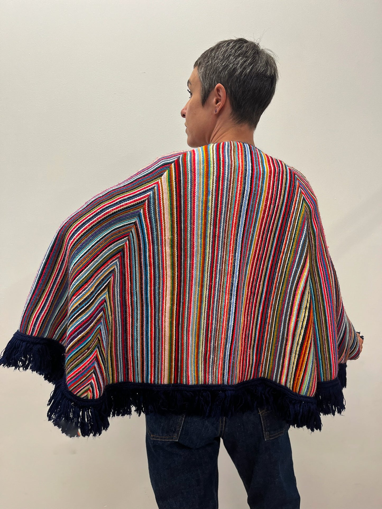 1970s Vintage Multicolored Striped Fringe Poncho Cape