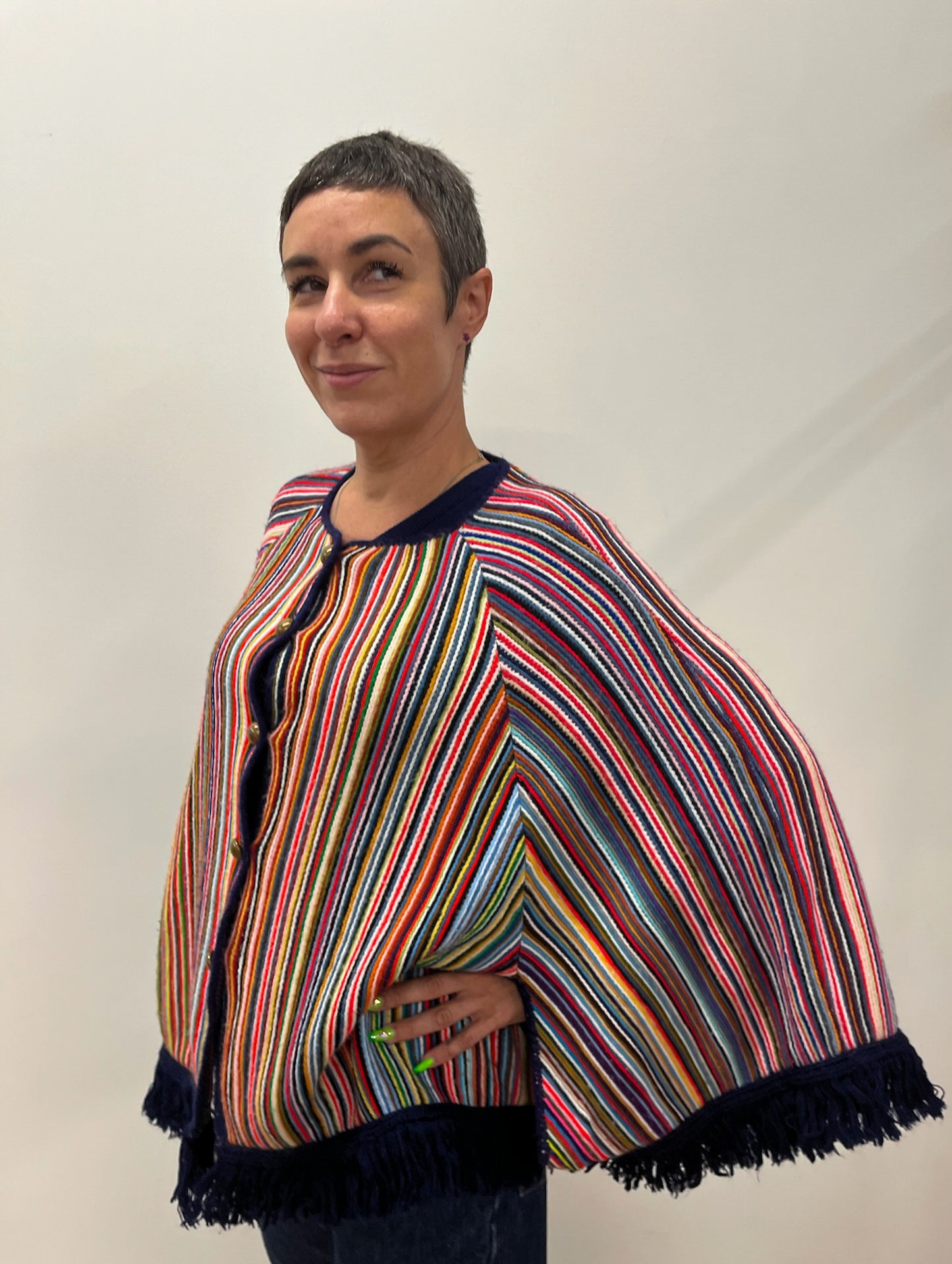1970s Vintage Multicolored Striped Fringe Poncho Cape
