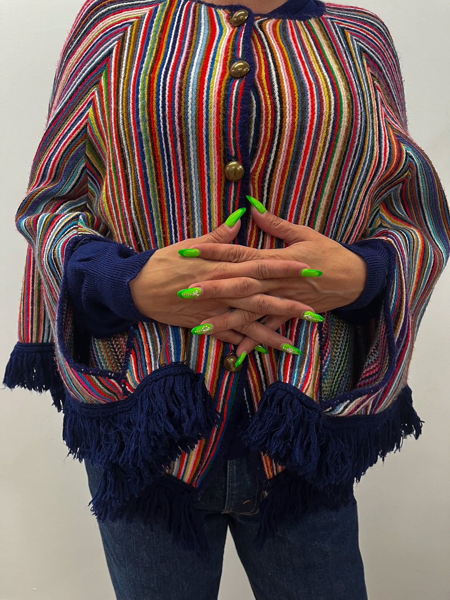 1970s Vintage Multicolored Striped Fringe Poncho Cape