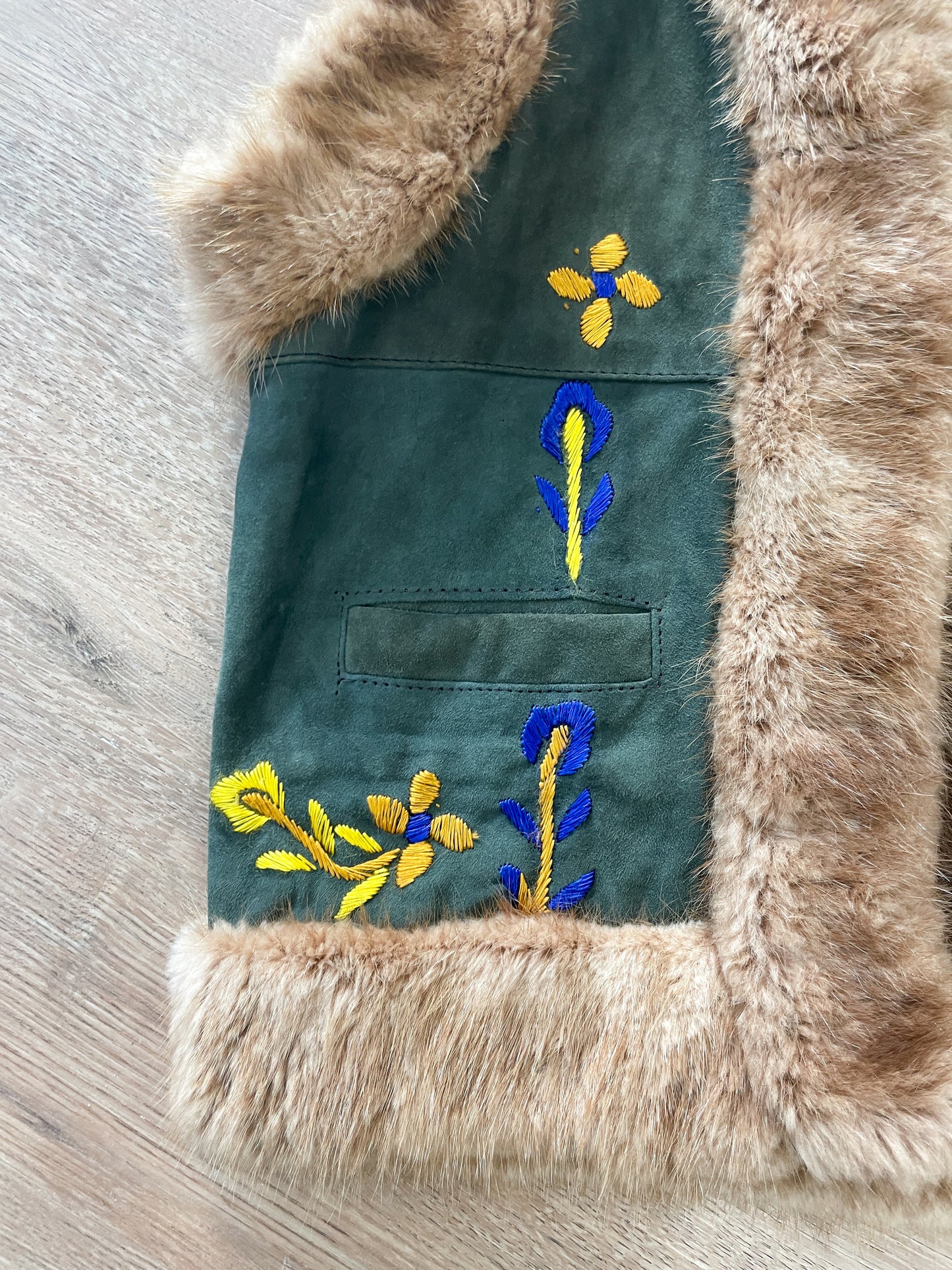 1990s Vintage Suede & Fur Embroidered Vest by Bebe Moda