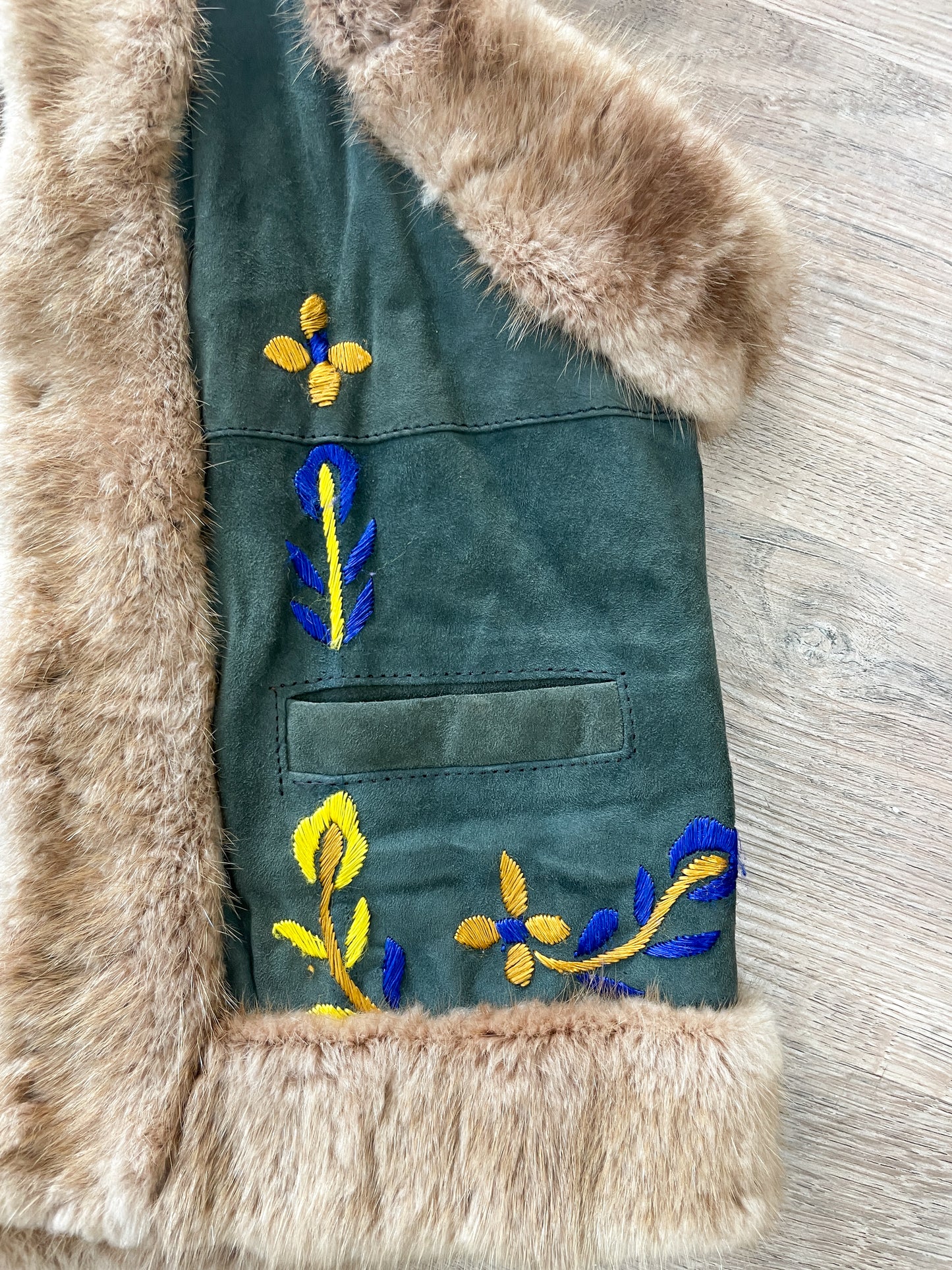 1990s Vintage Suede & Fur Embroidered Vest by Bebe Moda