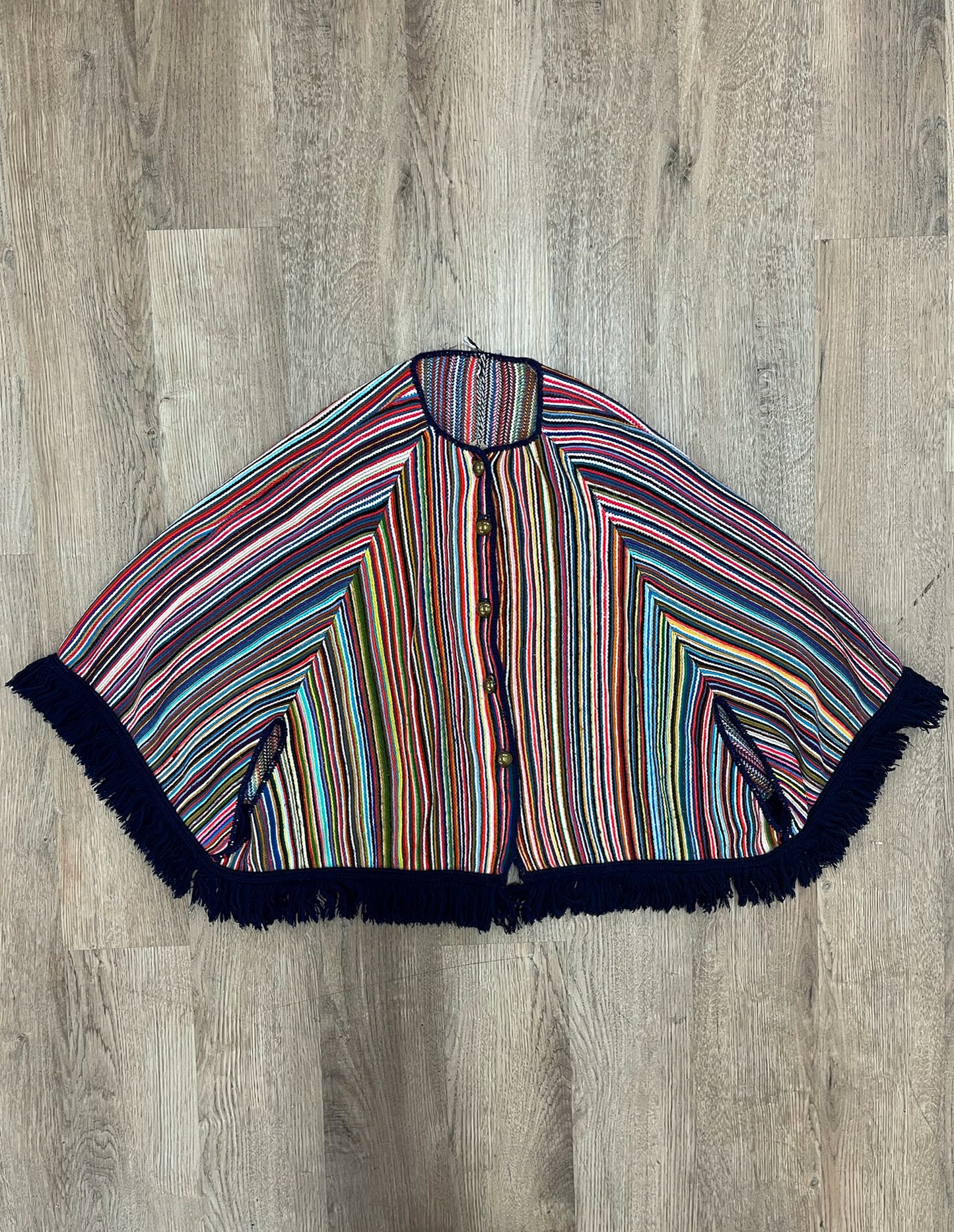 1970s Vintage Multicolored Striped Fringe Poncho Cape