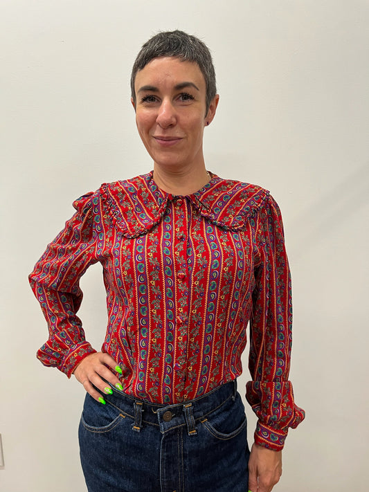 1980s Vintage Big Collared Paisley Floral Button Up Blouse