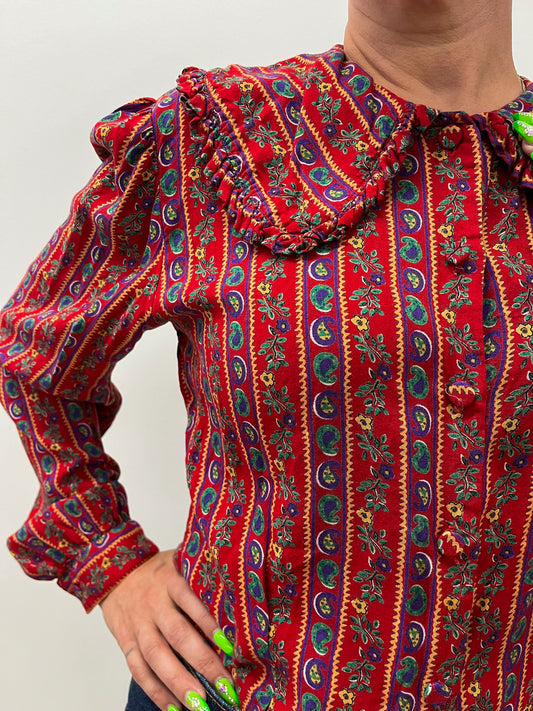 1980s Vintage Big Collared Paisley Floral Button Up Blouse
