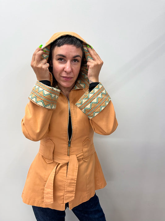 1970s Vintage Terracotta Chevron Western Style Hooded Jacket with Belt