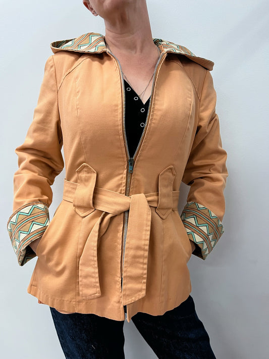 1970s Vintage Terracotta Chevron Western Style Hooded Jacket with Belt