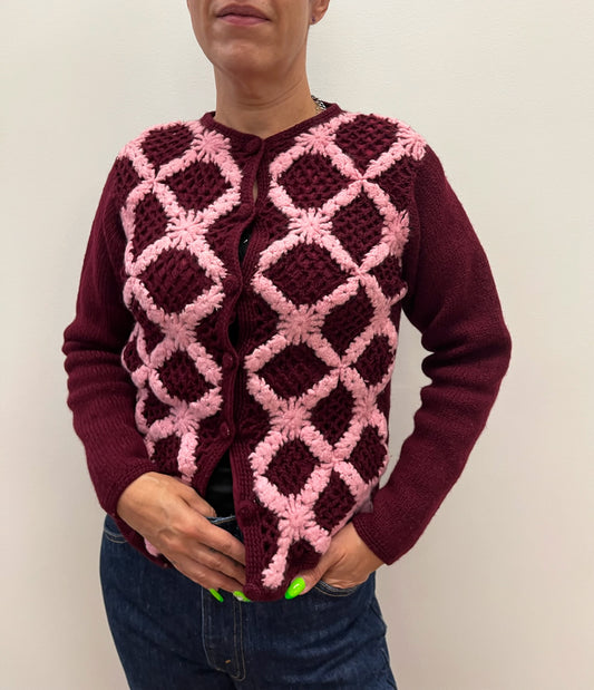 1960s Vintage Burgundy & Bubblegum Wool Knit Cardigan Sweater