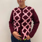 1960s Vintage Burgundy & Bubblegum Wool Knit Cardigan Sweater