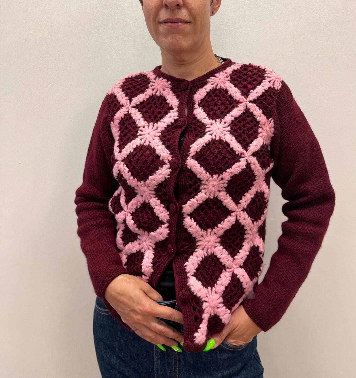 1960s Vintage Burgundy & Bubblegum Wool Knit Cardigan Sweater