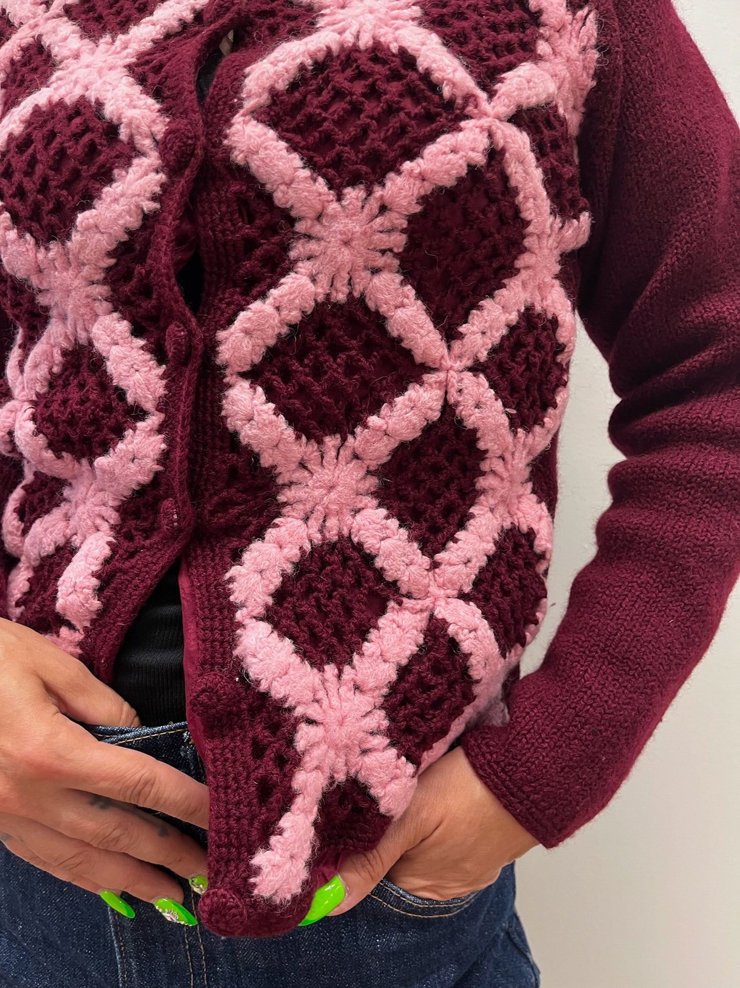 1960s Vintage Burgundy & Bubblegum Wool Knit Cardigan Sweater