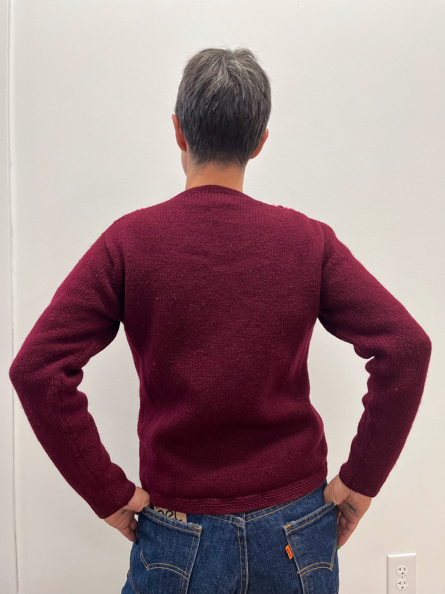 1960s Vintage Burgundy & Bubblegum Wool Knit Cardigan Sweater