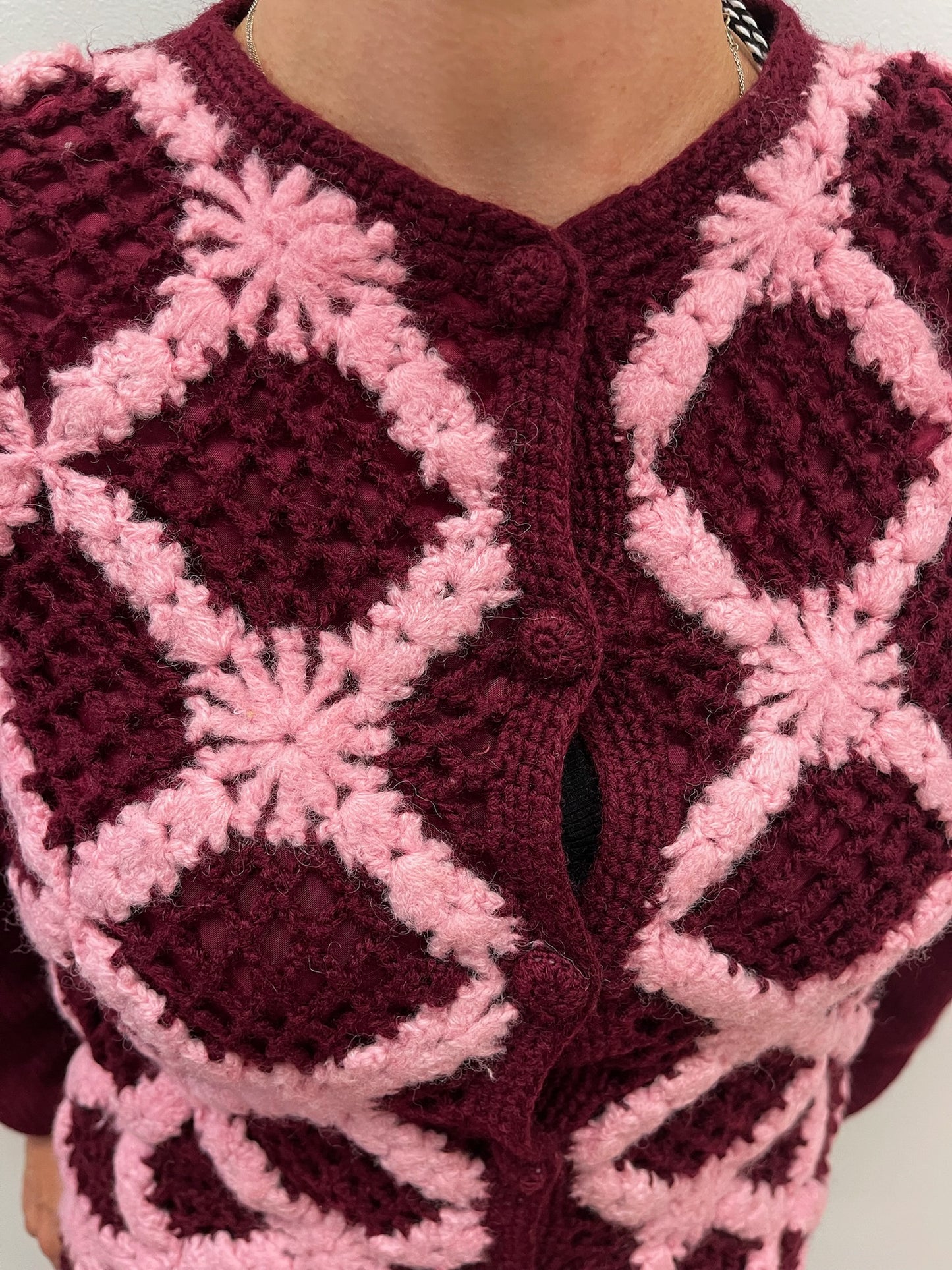 1960s Vintage Burgundy & Bubblegum Wool Knit Cardigan Sweater