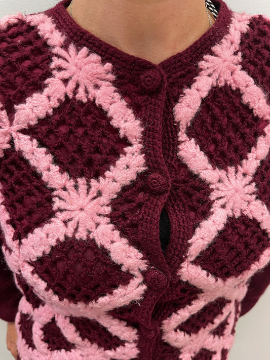 1960s Vintage Burgundy & Bubblegum Wool Knit Cardigan Sweater