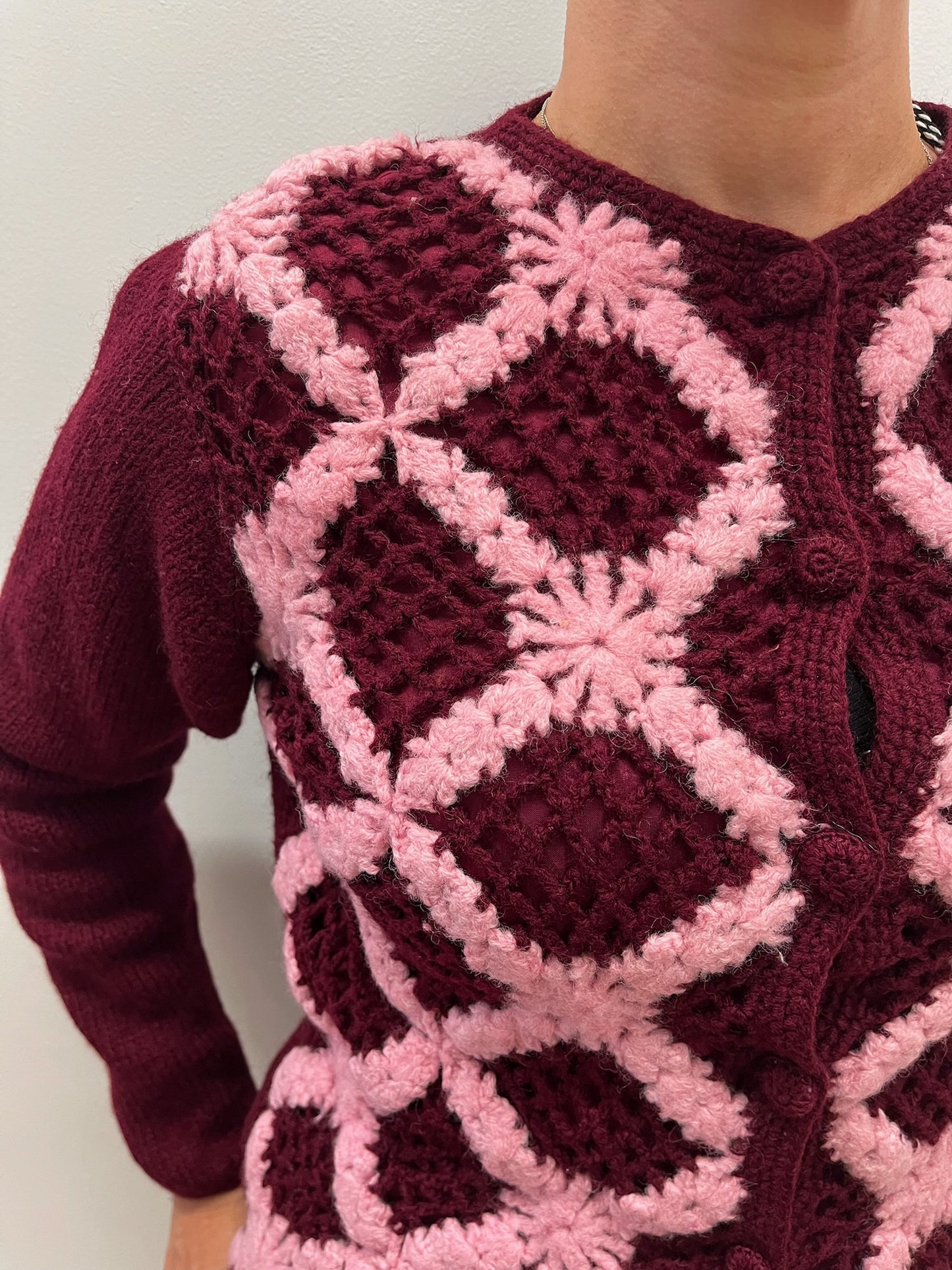 1960s Vintage Burgundy & Bubblegum Wool Knit Cardigan Sweater