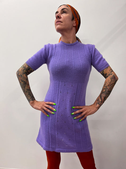 1970s Vintage Knit Lavender Purple Mini Dress