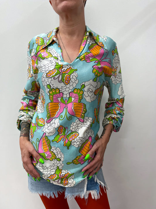 1970s Vintage Psychedelic Butterfly Print Tunic Blouse Top