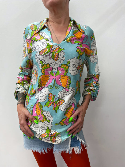 1970s Vintage Psychedelic Butterfly Print Tunic Blouse Top