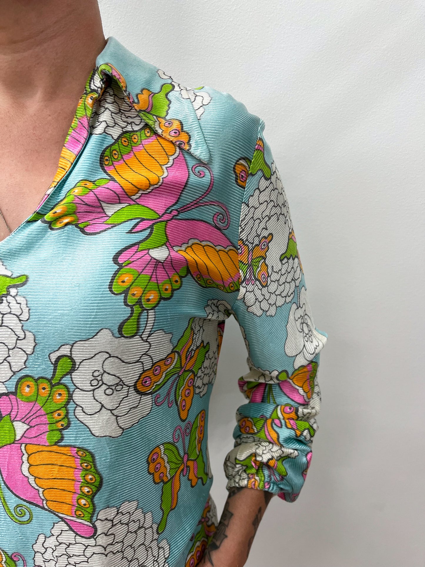 1970s Vintage Psychedelic Butterfly Print Tunic Blouse Top
