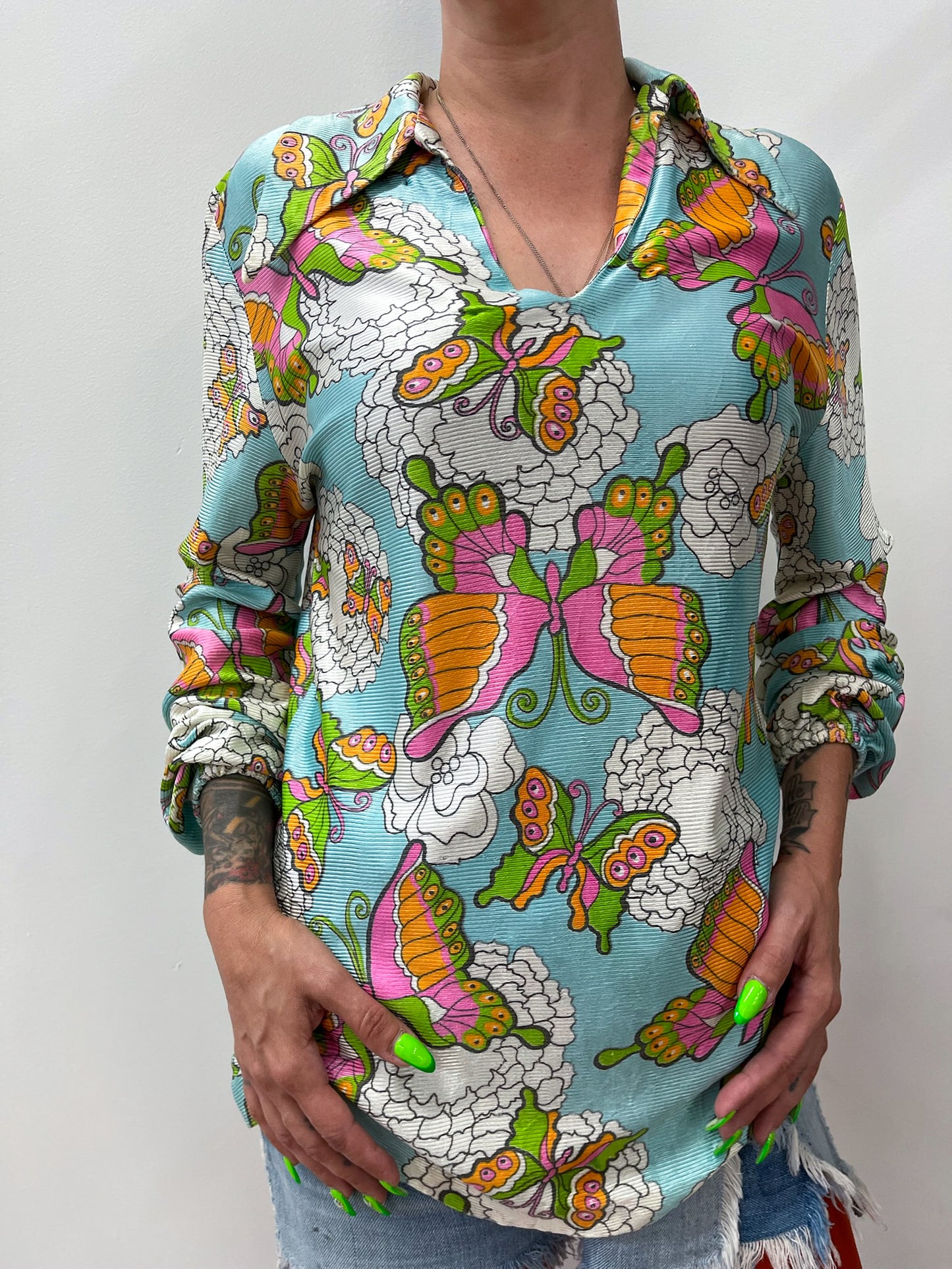 1970s Vintage Psychedelic Butterfly Print Tunic Blouse Top
