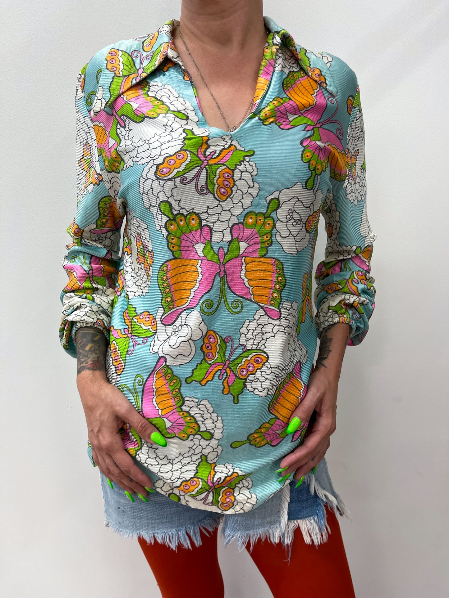 1970s Vintage Psychedelic Butterfly Print Tunic Blouse Top