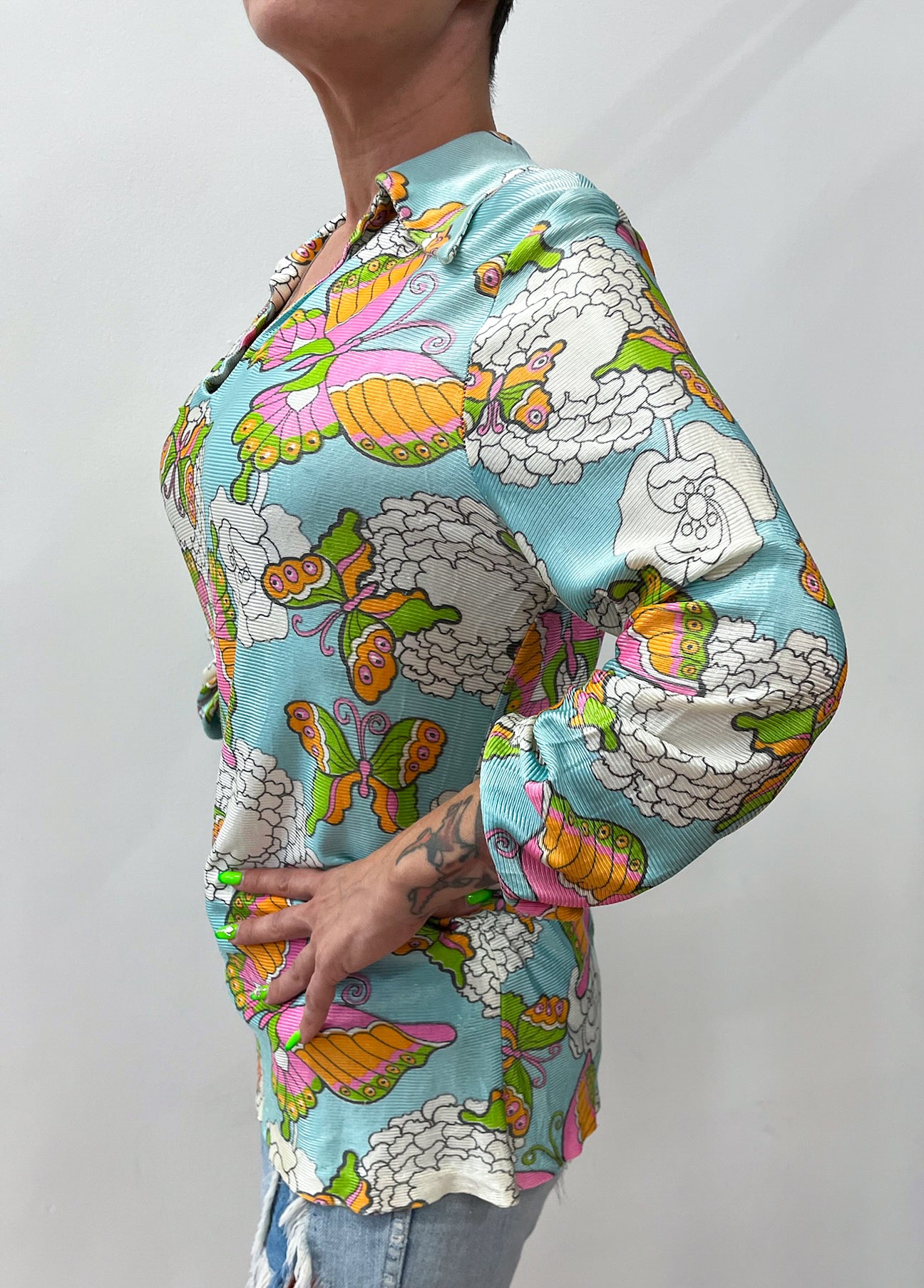 1970s Vintage Psychedelic Butterfly Print Tunic Blouse Top