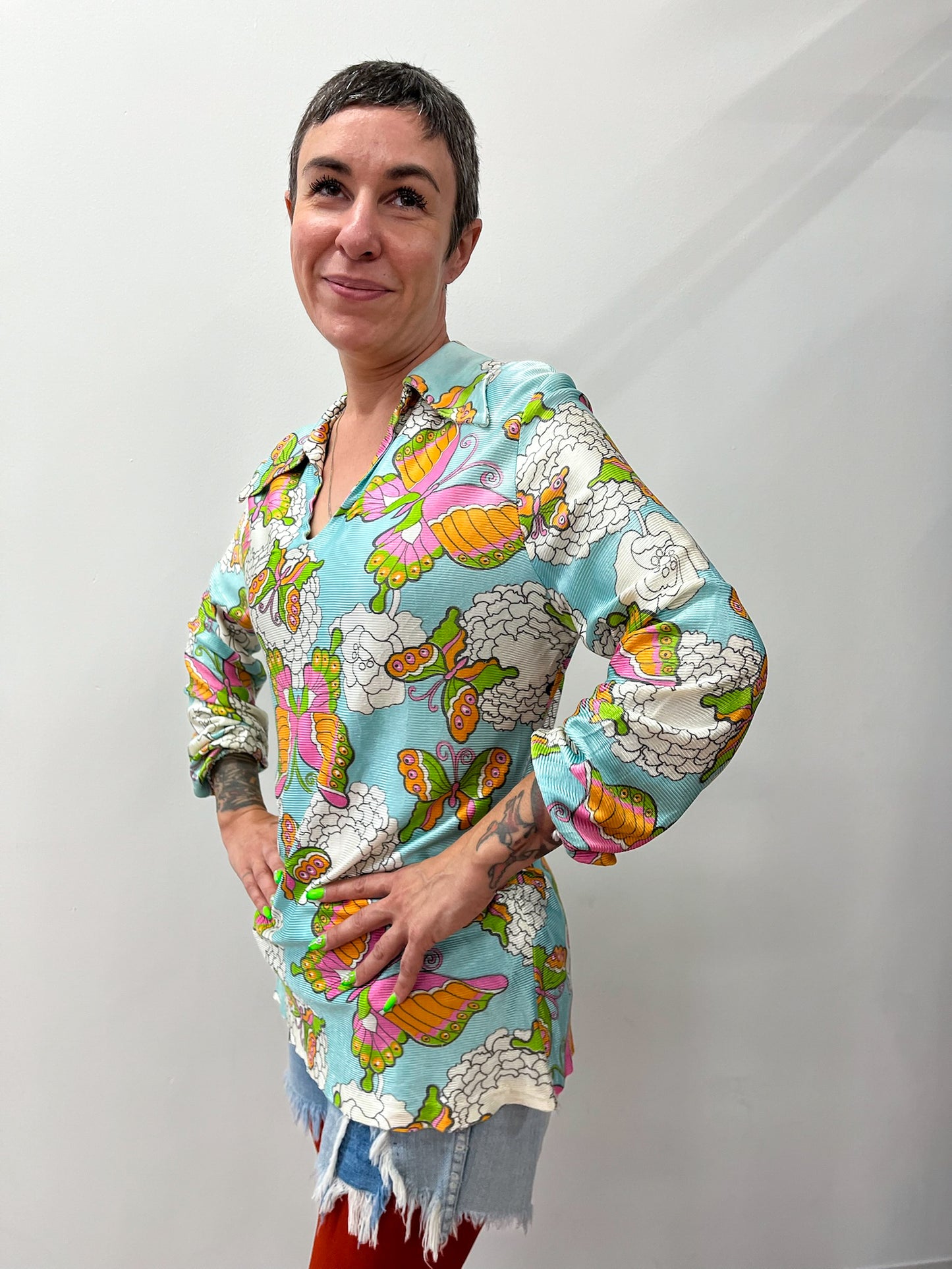 1970s Vintage Psychedelic Butterfly Print Tunic Blouse Top