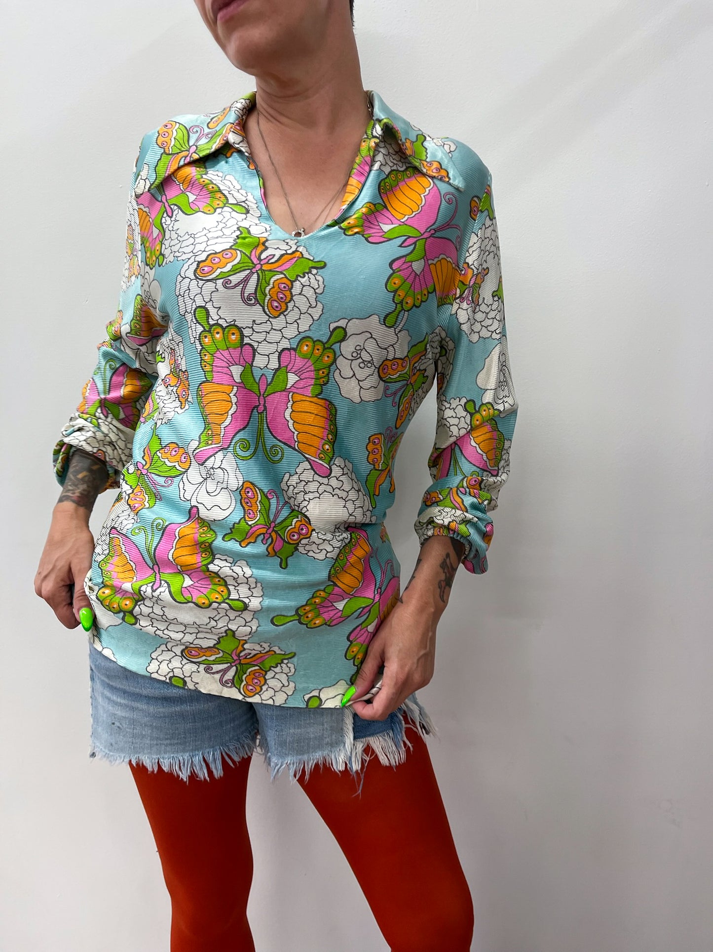 1970s Vintage Psychedelic Butterfly Print Tunic Blouse Top