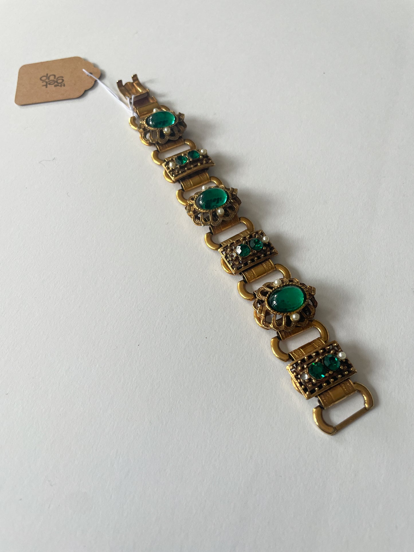 1950s Vintage Stunning Costume Bracelet with Green Rhinestones & Faux Pearls