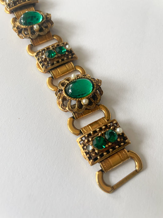 1950s Vintage Stunning Costume Bracelet with Green Rhinestones & Faux Pearls