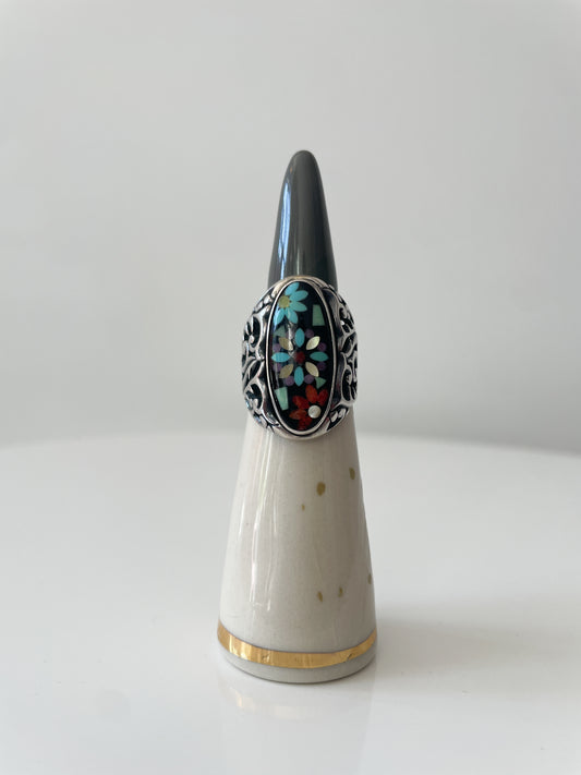 Mosaic Inlay Flower Turquoise Sterling Statement Ring by Carolyn Pollack Size 7.5