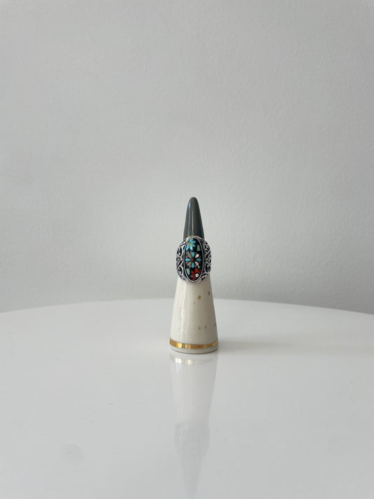 Mosaic Inlay Flower Turquoise Sterling Statement Ring by Carolyn Pollack Size 7.5