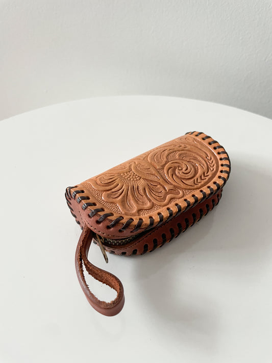 1970s Vintage Tooled Leather Zip Pouch Coin Purse