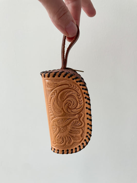 1970s Vintage Tooled Leather Zip Pouch Coin Purse