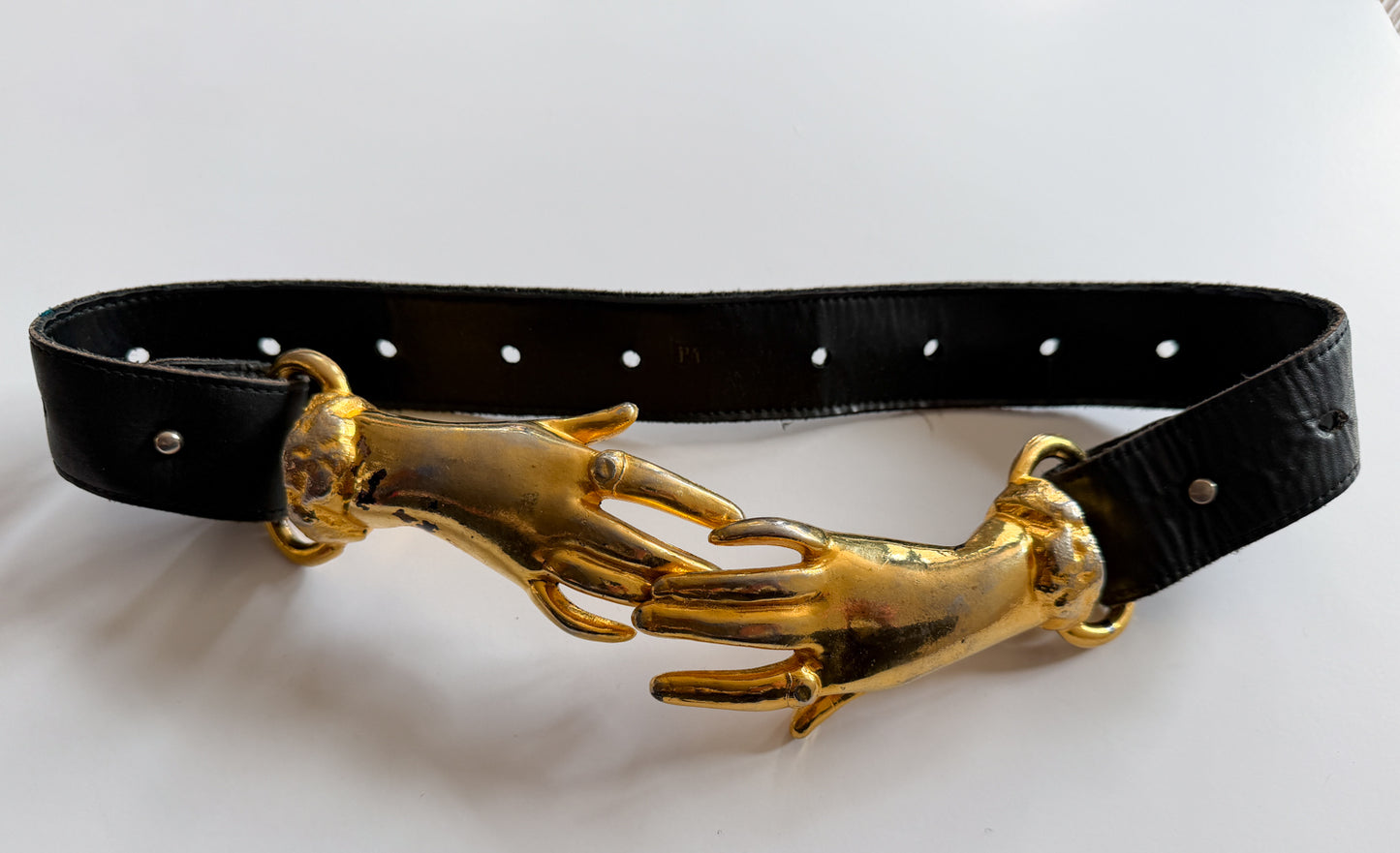 1970s Vintage Holding Hands Clasping Georges Mailian Inspired Leather Belt by Park Lane