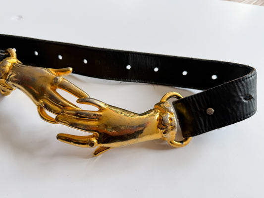 1970s Vintage Clasping Hands Georges Mailian Inspired Leather Belt
