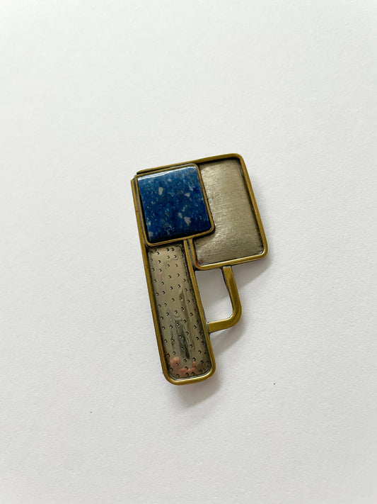 1980s Vintage Lapis & Brass Abstract Brooch Pin